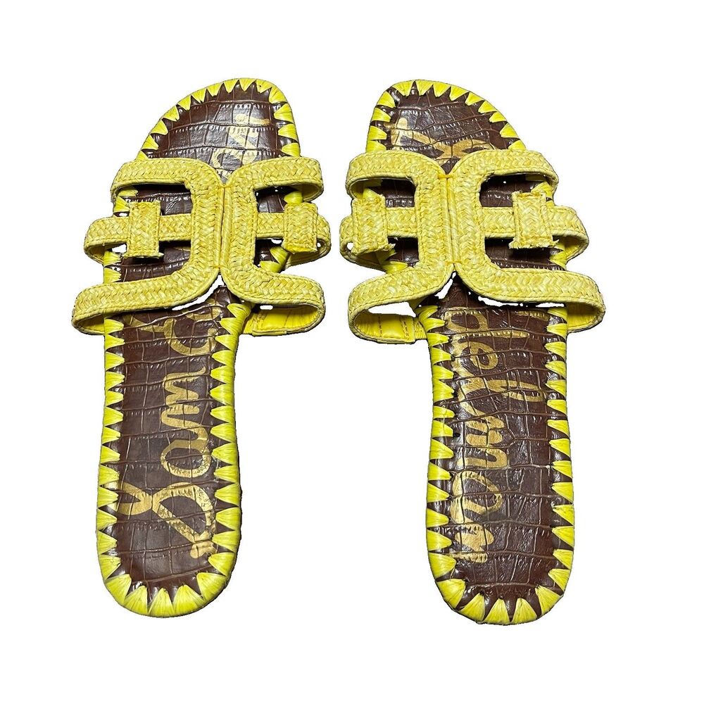 Sam Edelman Beckie Slide Sandals Size 9 Woven Raffia Brown Croc-Embossed Footbed